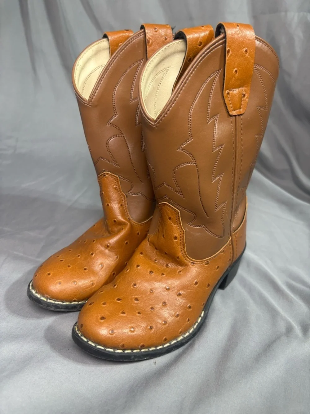 Old West Kids Cowboy Boots Size 13 Ostrich Textured Leather Brown Western Boots